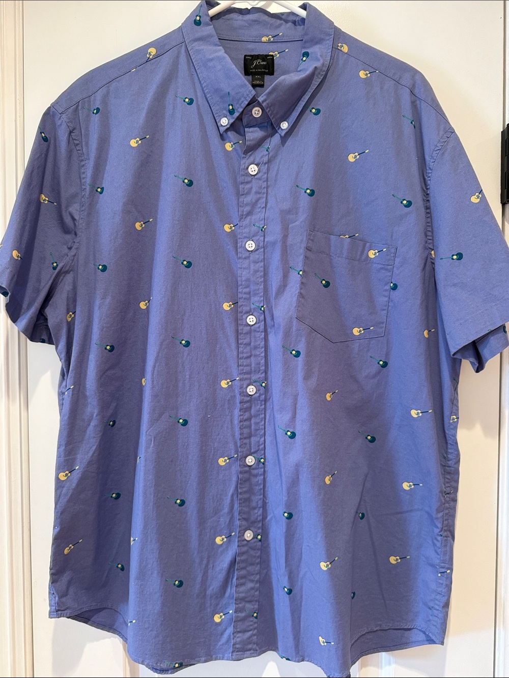 J.Crew Men’s XXL Blue Guitar Print Short Sleeve Button Down Shirt Cotton Casual